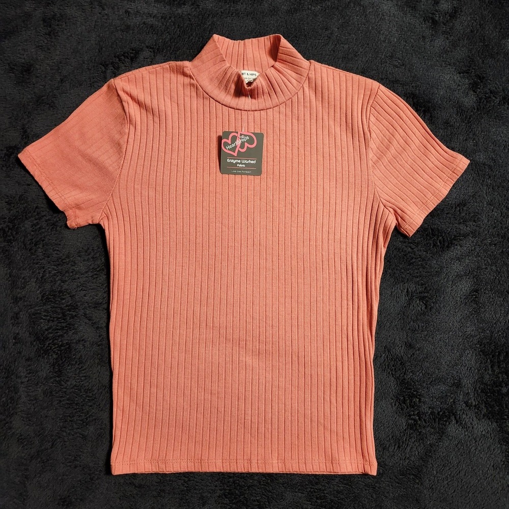 Heart & Hips Womens Mock Neck Ribbed Short Sleeve Top Coral Pink Small NWT